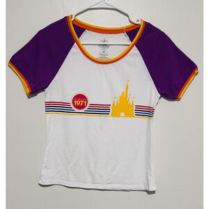 Walt Disney World T-Shirt Women’s XS Purple Yellow Rainbow 1971 Ringer Retro Tee
